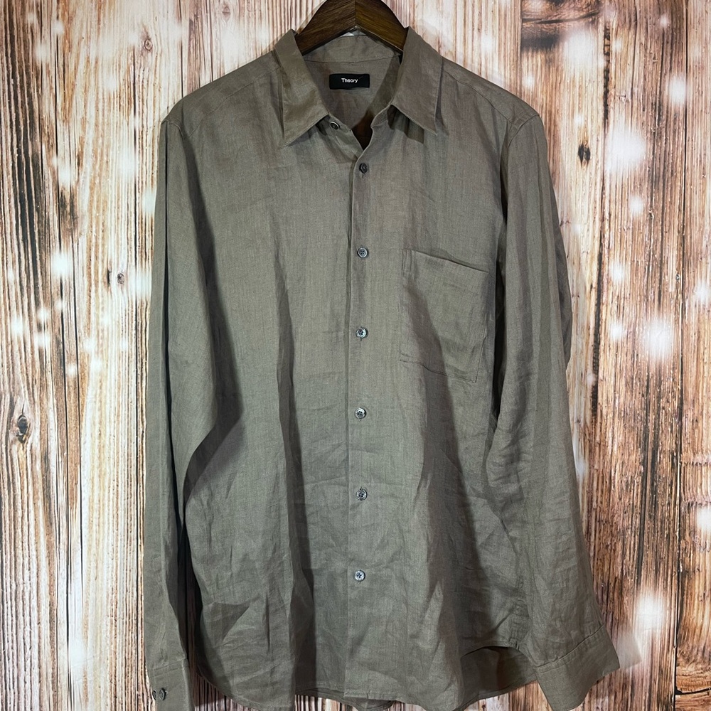 NWT Theory Men L Button Front 100% Linen Shirt Retail Wasabi $225
